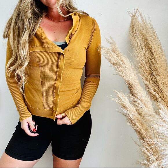 FP FREE PEOPLE Mustard Gold Yellow Zip Thermal Throw Out Jacket Sweater Top XS S - Picture 10 of 13